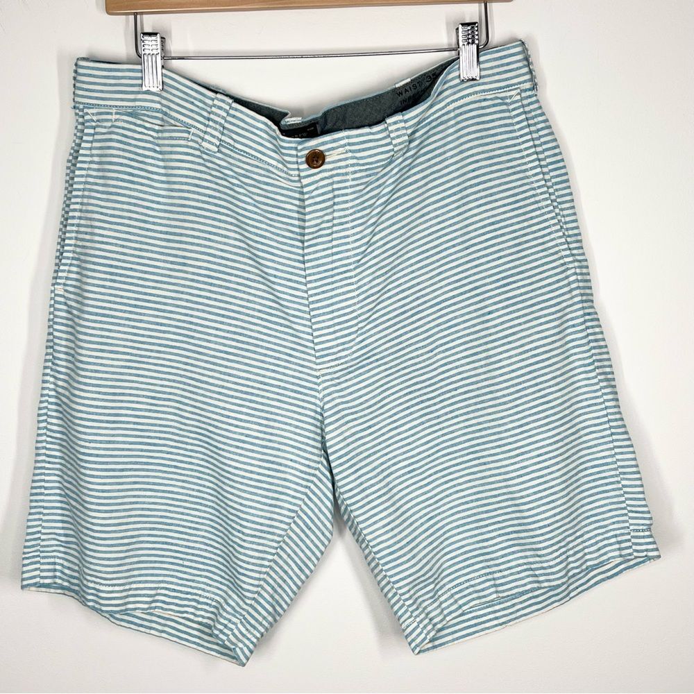 J. Crew Stanton Linen Cotton Blend Blue White Striped Shorts 35